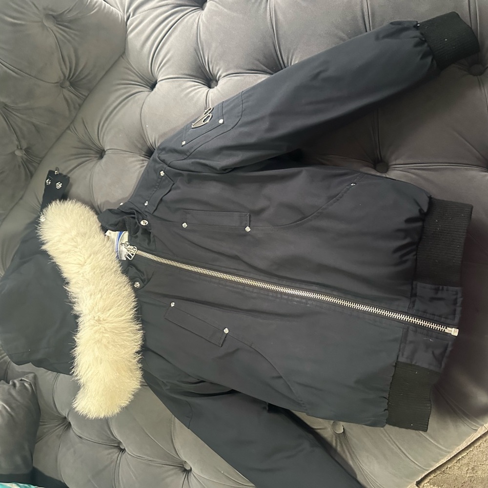 Moose Knuckles Black Bomber Jacket with Fur Hood